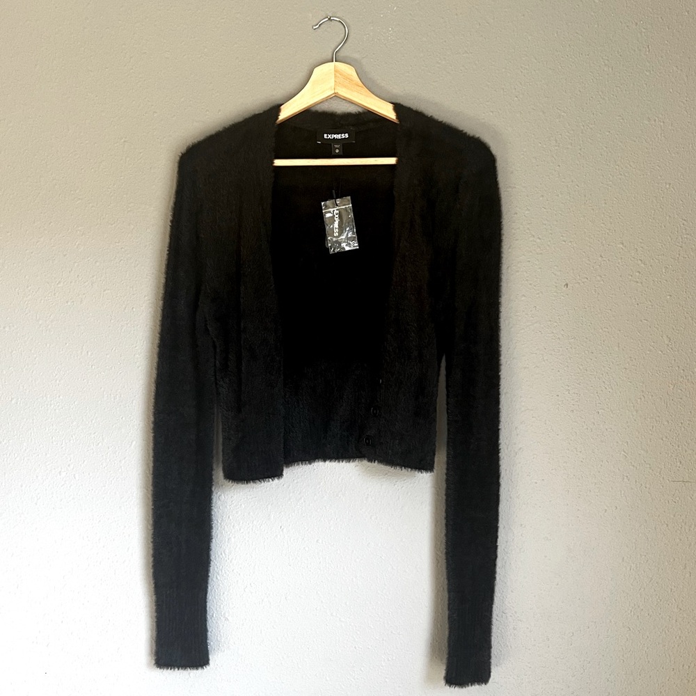 Express, Soft, Fuzzy Faux Fur Cardigan, Black with Long Sleeves and Buttons, NWT